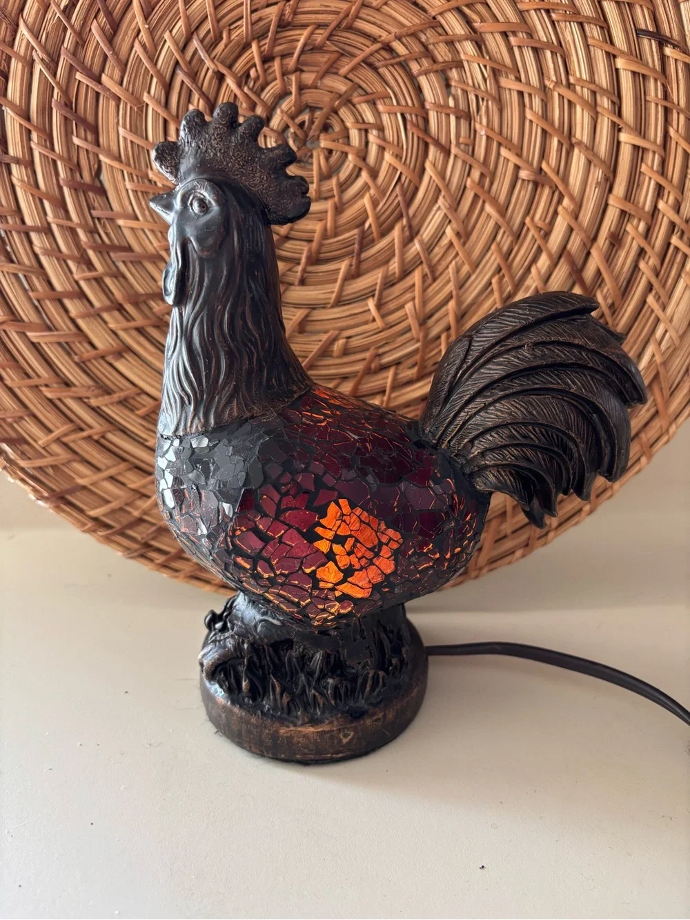 Vintage Mosiac Glass Brown Chicken Rooster Night Light Table Desk Accent Light